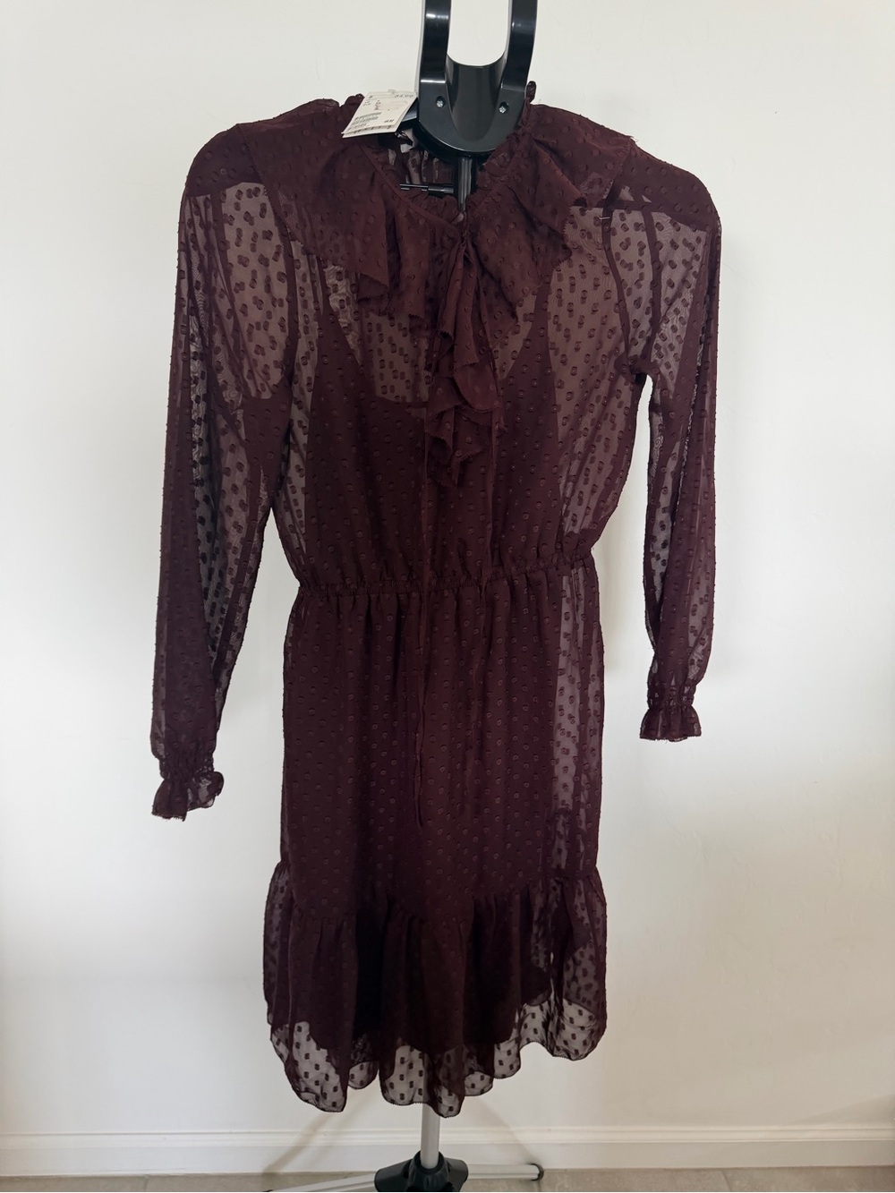 H&M Chocolate Brown Sheer Long-Sleeve Ruffle Dress